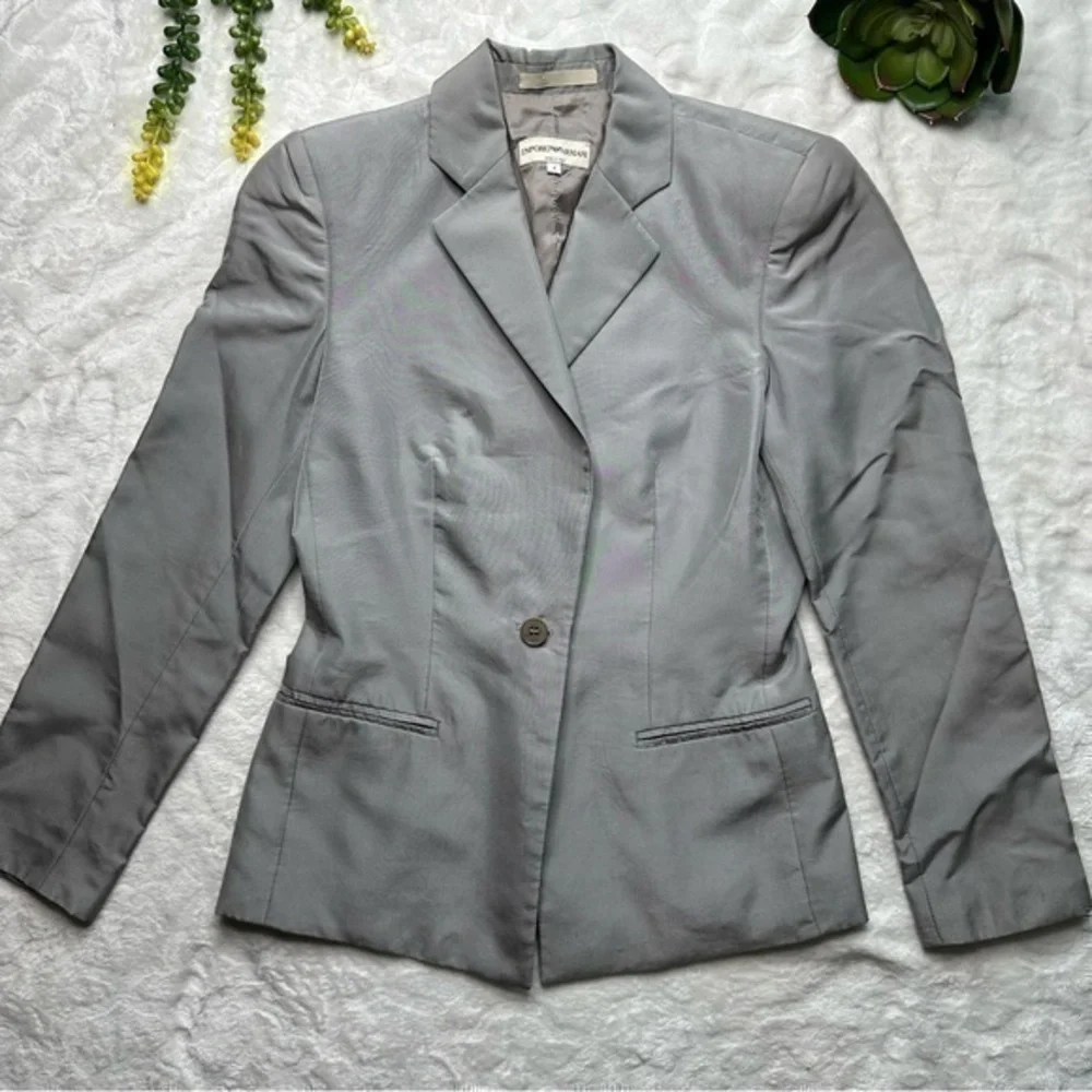 Emporio Armani Vintage Single Button Gray Silver Silk Blend Blazer Jacket Size 4